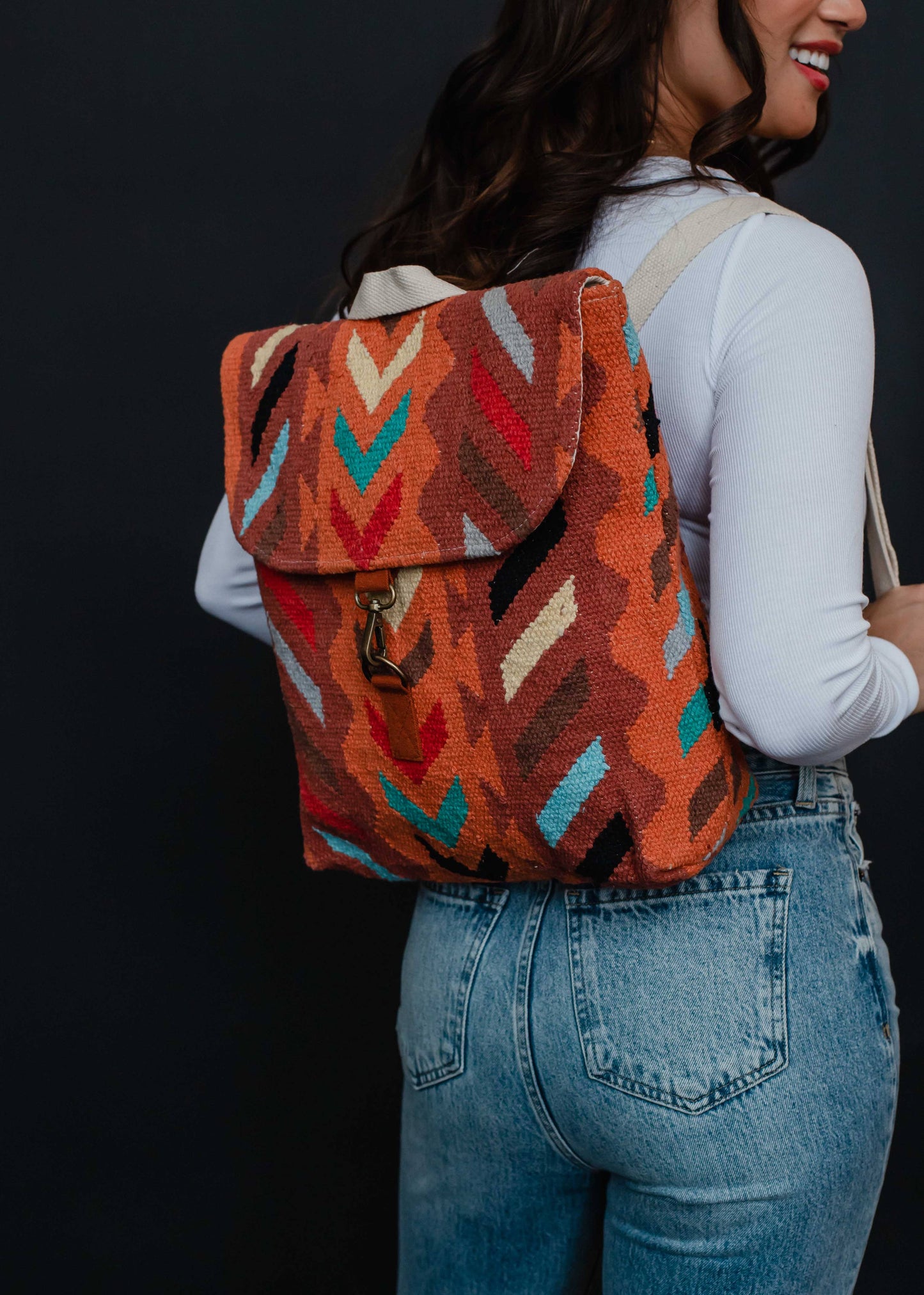 Orange & Multicolored Aztec Backpack