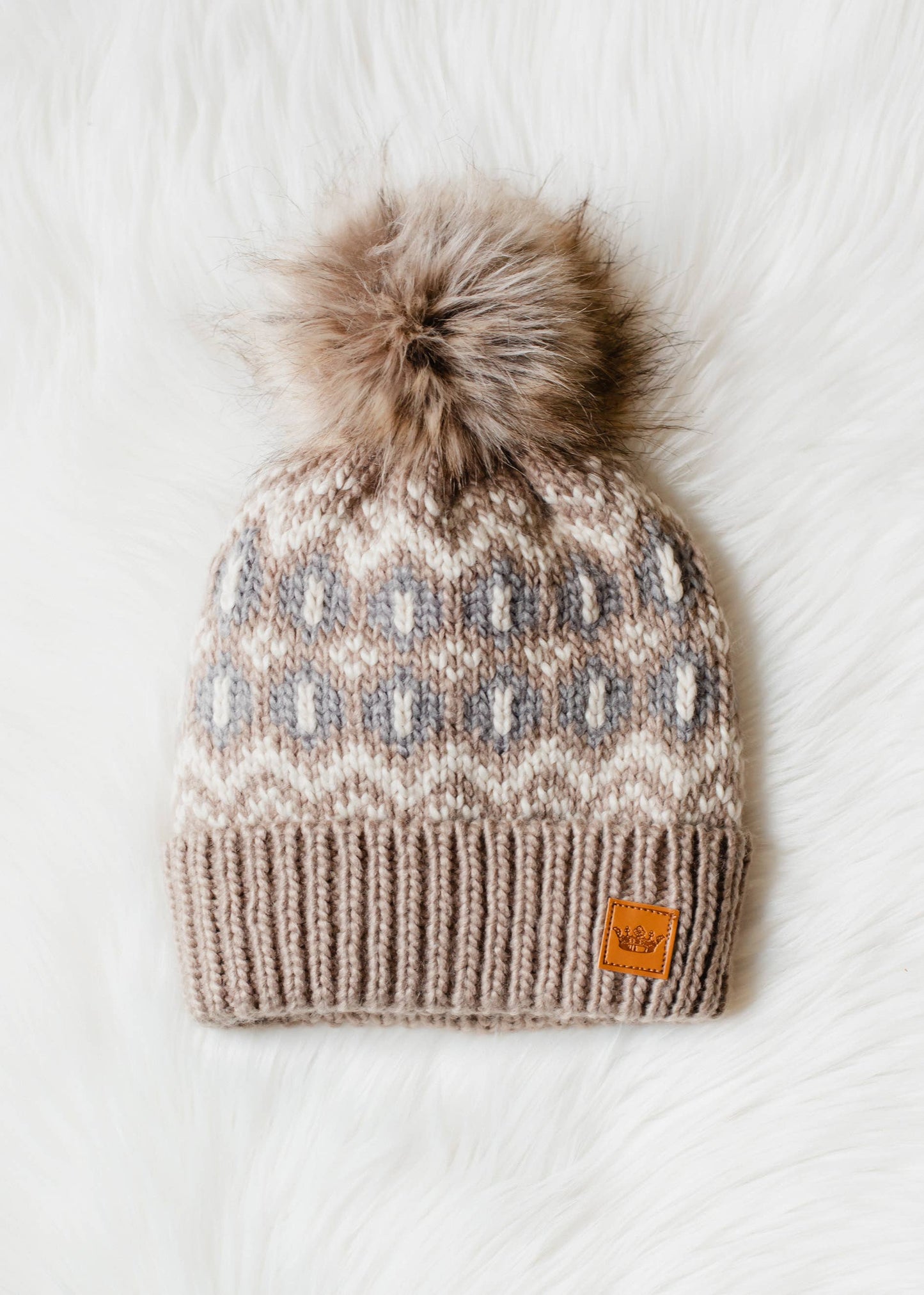 Taupe, Beige & Gray Patterned Pom Hat