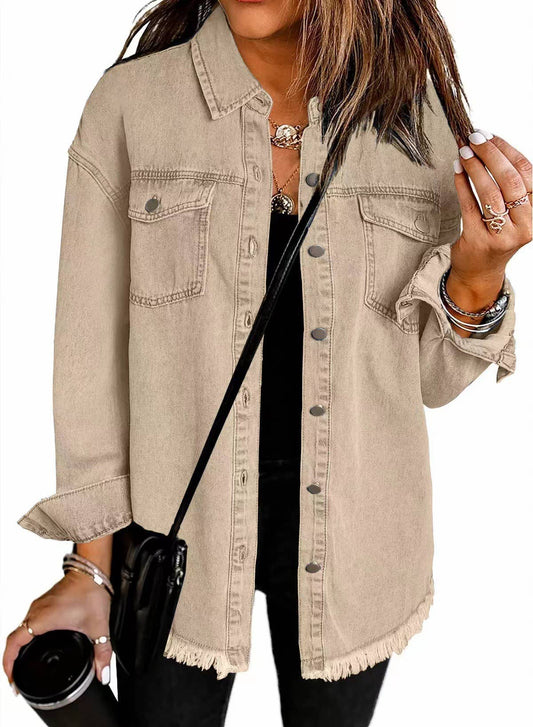 Autumn Frayed-Hem Denim Jacket Shacket - Khaki