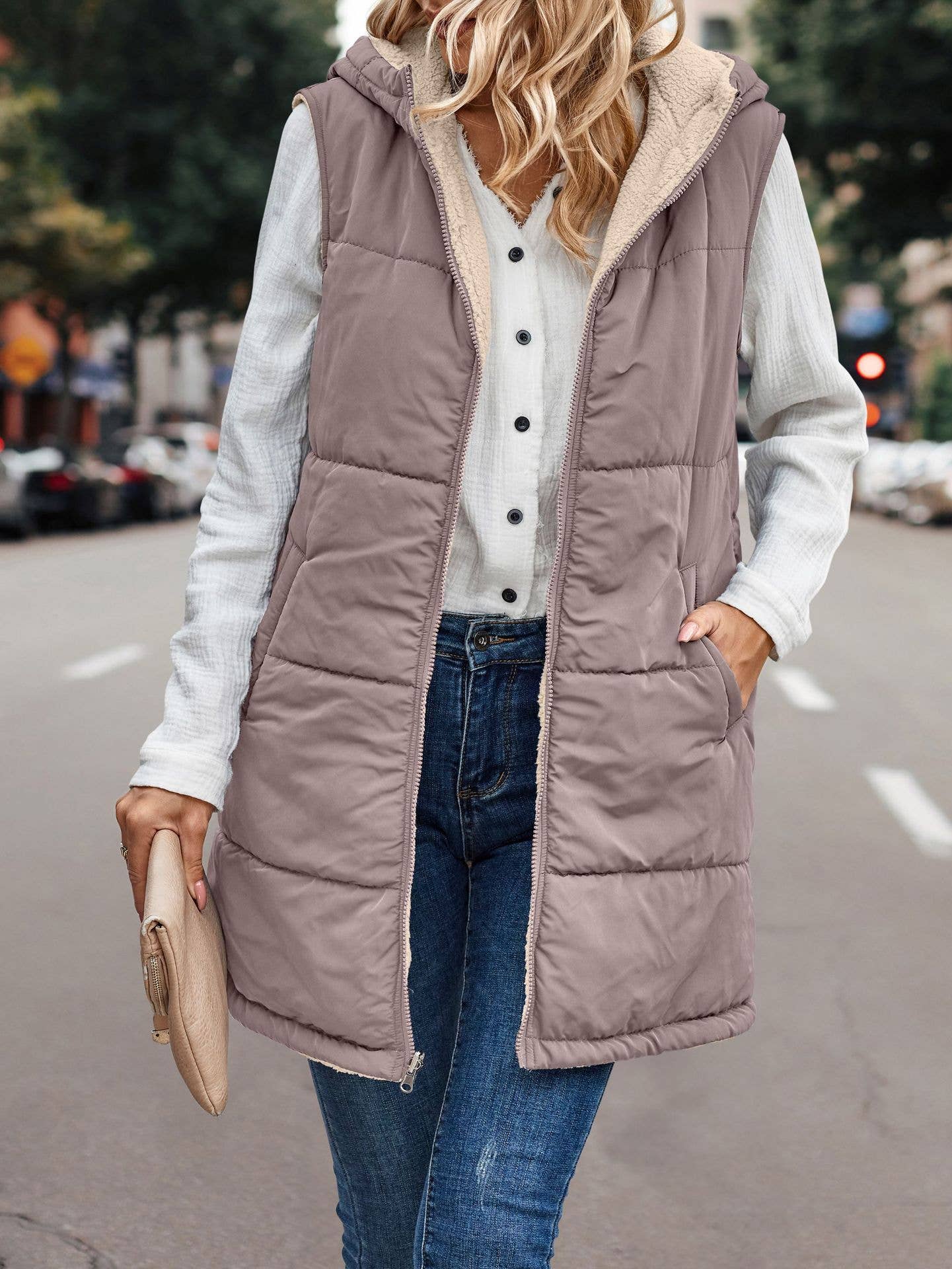 Reversible Sherpa Puffer Long Vest with Hood