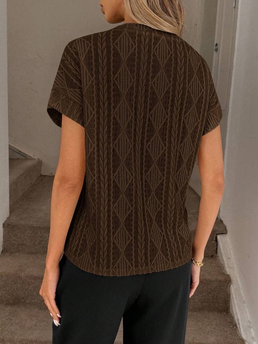 Coffee Textured Jacquard Short Sleeve Casual Tee