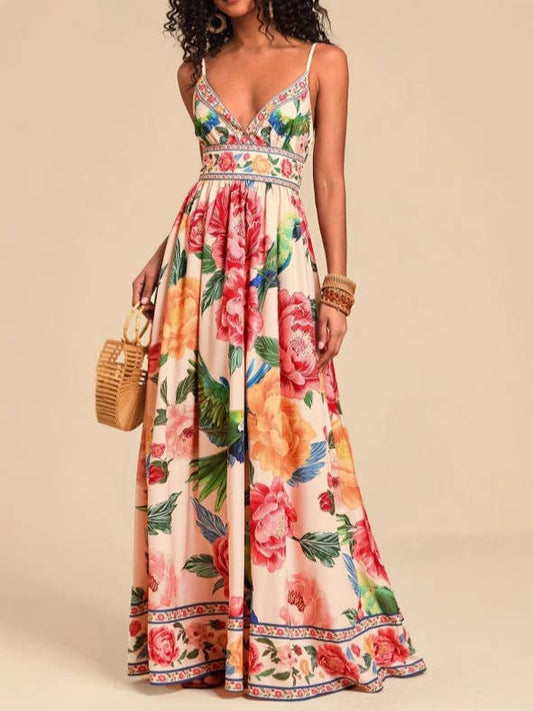 Verona Macaw & Peony Floral Print Resort Strappy Sundress