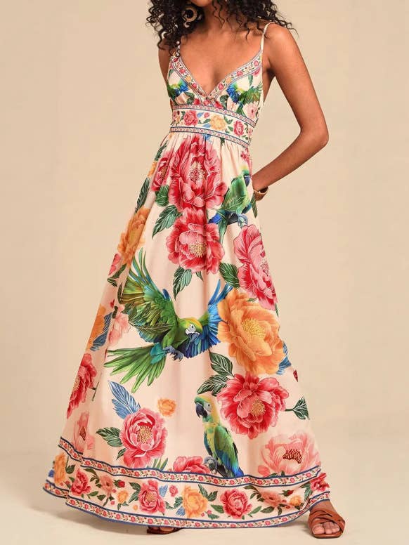 Verona Macaw & Peony Floral Print Resort Strappy Sundress