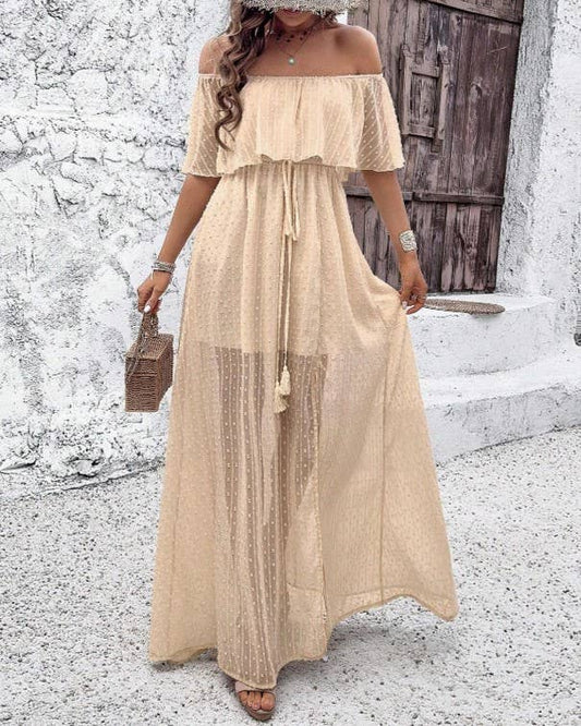 Apricot Bohemian Sexy Off-Shoulder Solid Color Polka Dot Dress