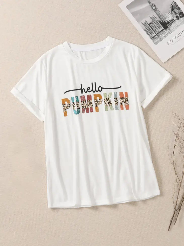 Sale - White Hello Pumpkin Graphic Casual Tee