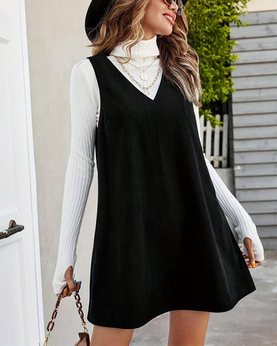 Olive Plain Corduroy Mini Overall Dress