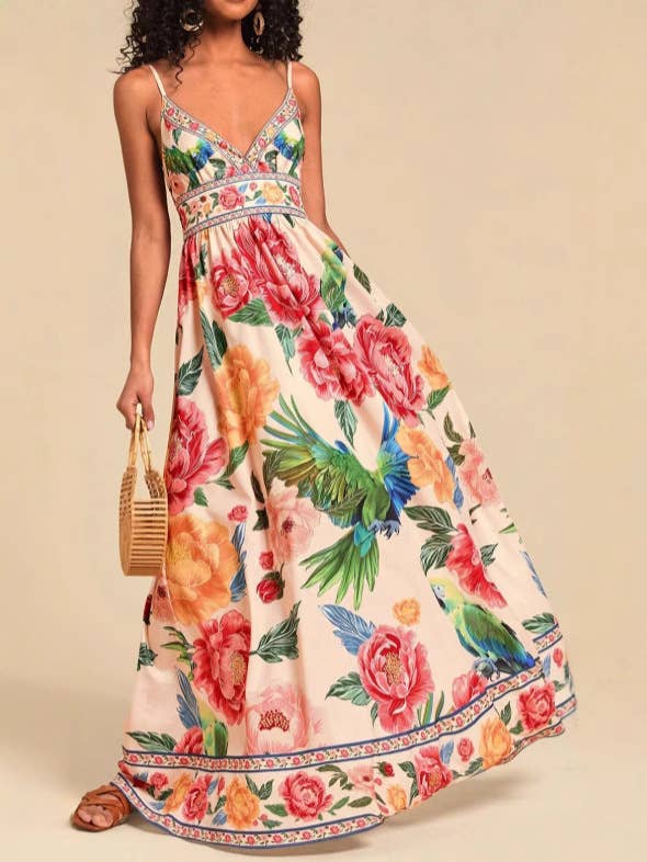 Verona Macaw & Peony Floral Print Resort Strappy Sundress