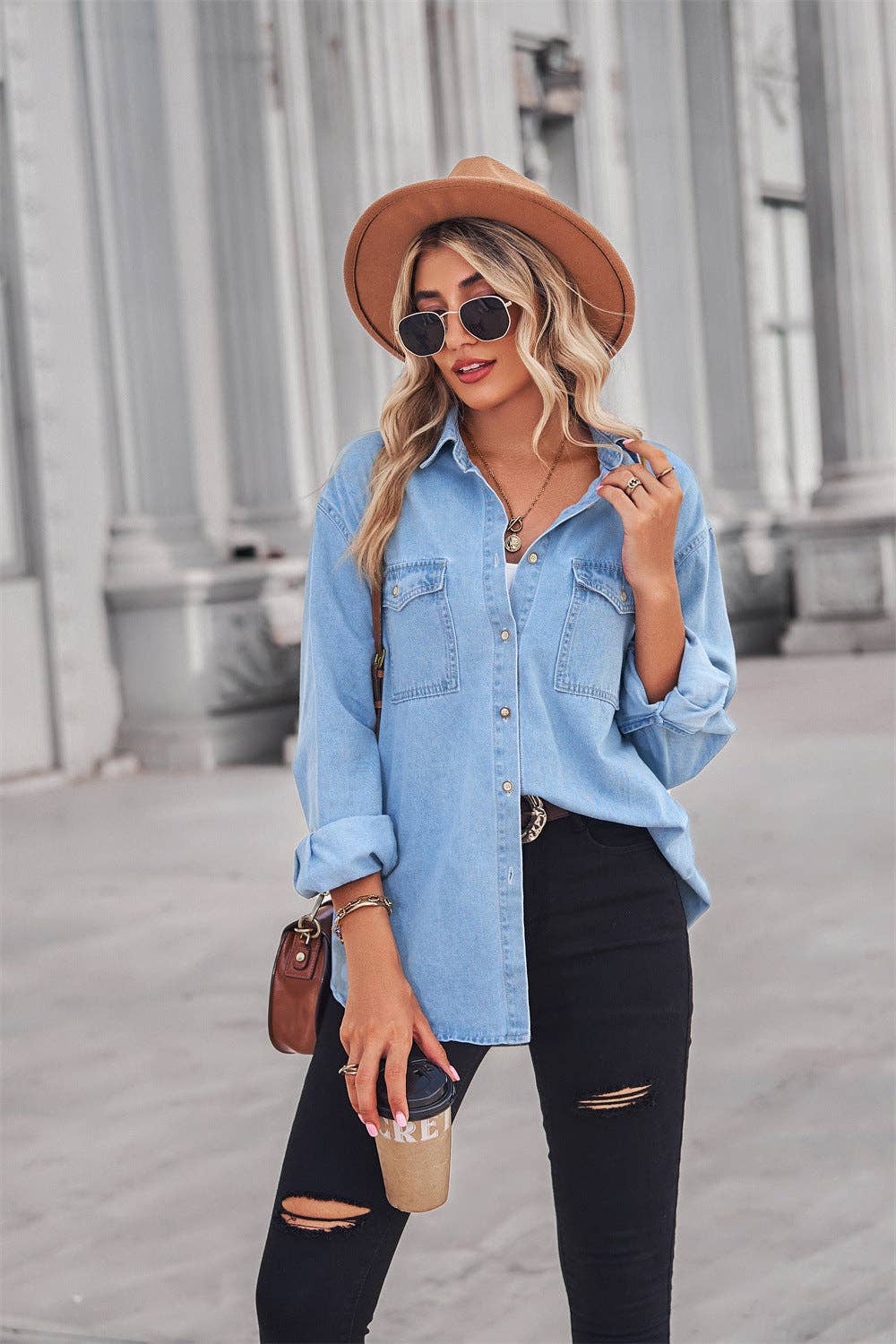 Ladies Lapel Denim Button Down Casual Daily Shirt