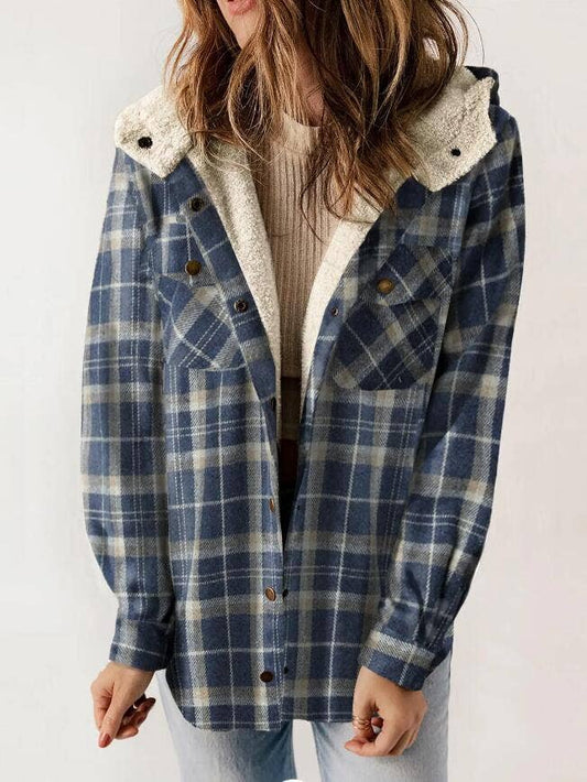 Plaid Long Sleeve Fur Hooded Jacket - Blue