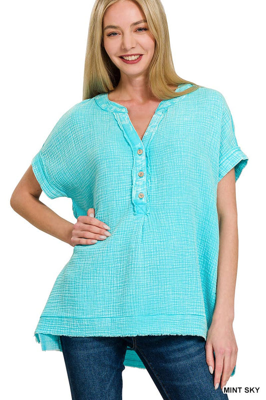 Mint Sky Washed Double Gauze Henley Neck Short Sleeve Shirt