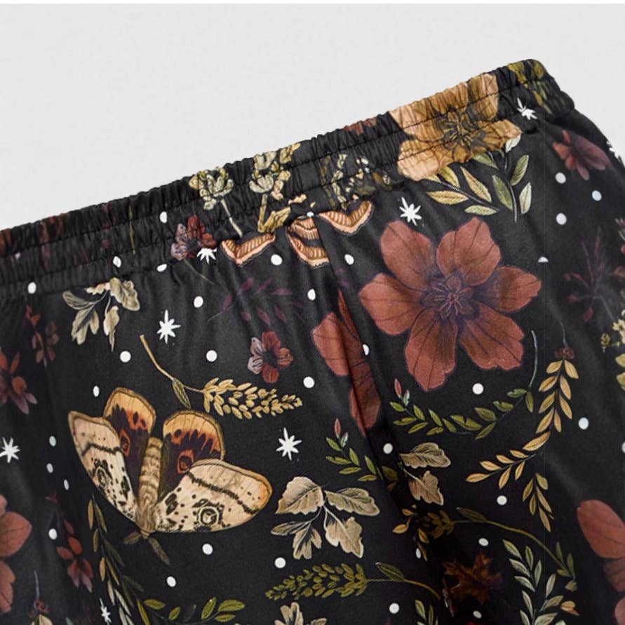 Vacation Vintage Moth Plant Floral Print Wide Leg Pants