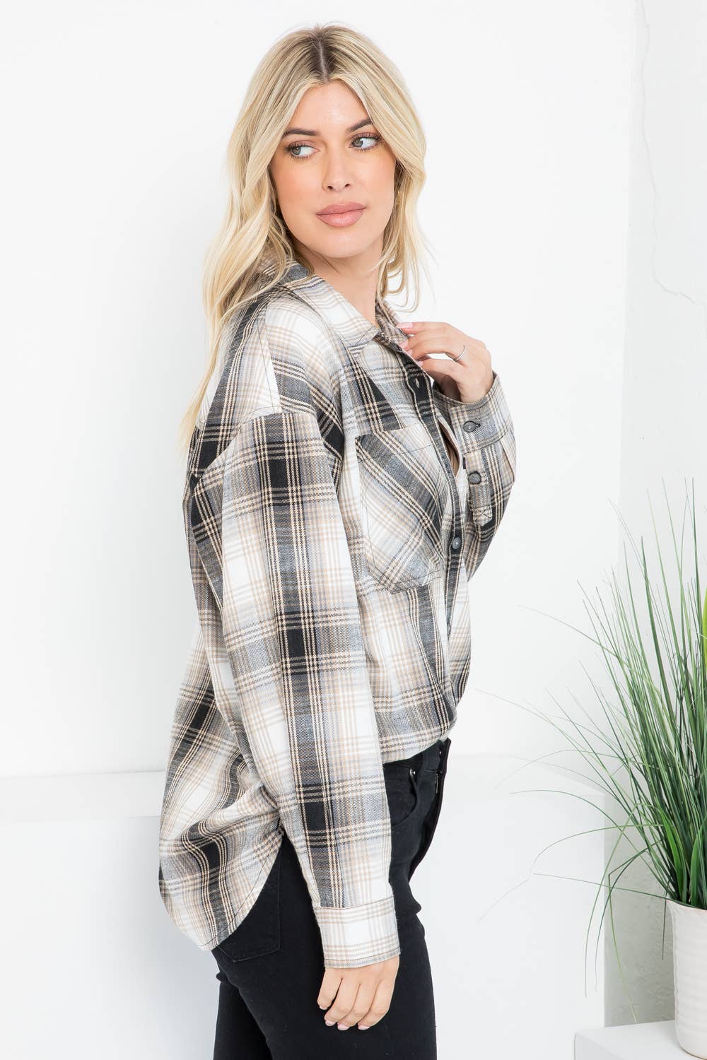 Oversized Plaid Linen Blend Shirt - Taupe/Black