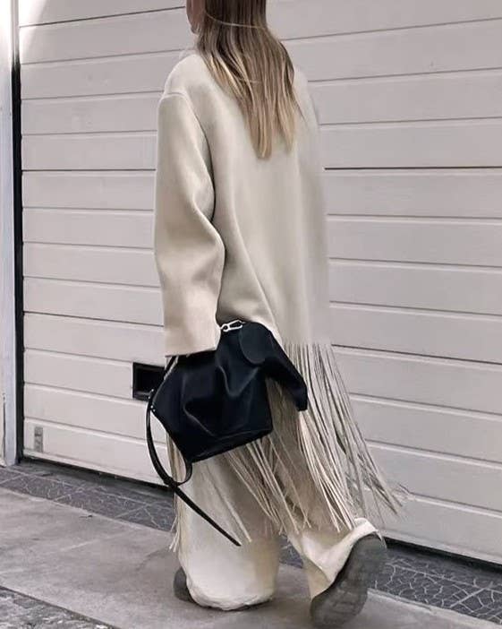 Beige Fashion Elegant Streetwear Long Tassels Coat