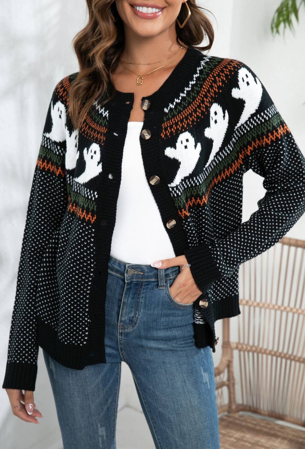 Halloween Ghost Vintage Style Polka Dot Knit Cardigan