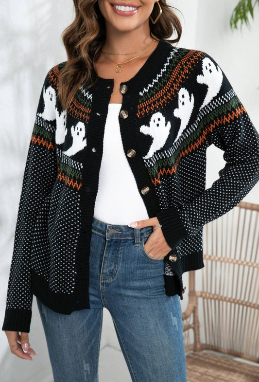 Halloween Ghost Vintage Style Polka Dot Knit Cardigan