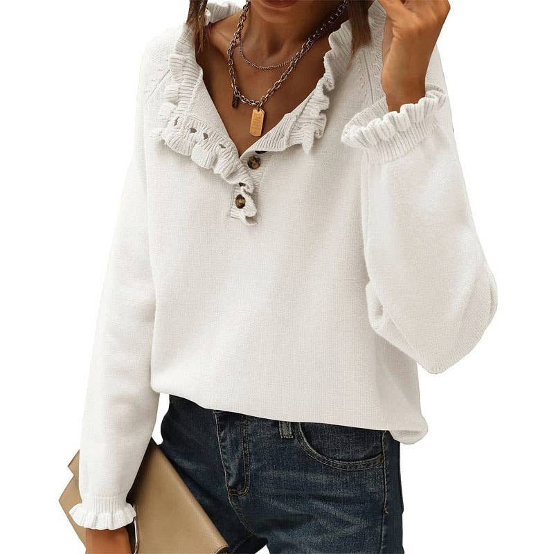 White Button Ruffled Jumper Henley Sweater