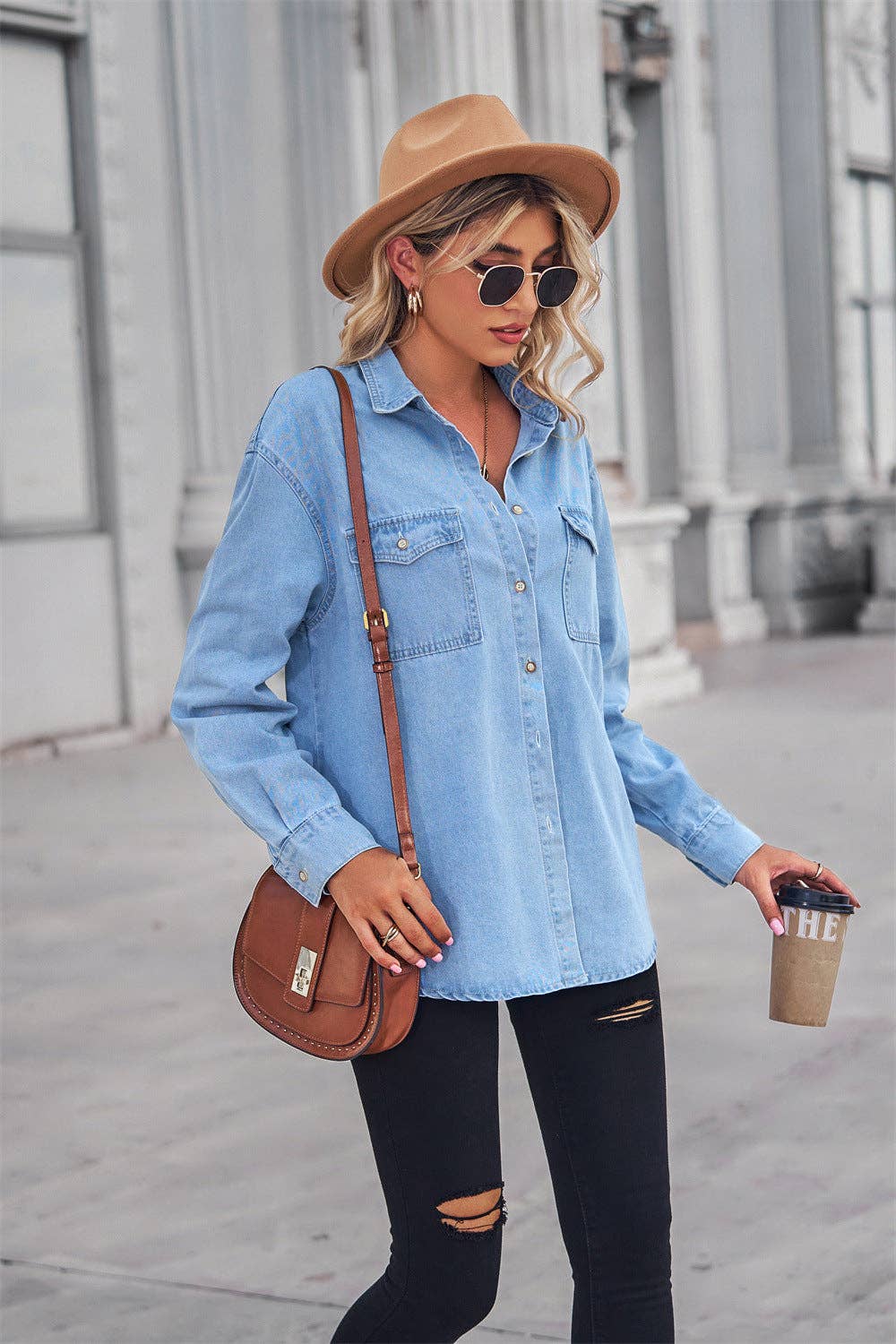 Ladies Lapel Denim Button Down Casual Daily Shirt