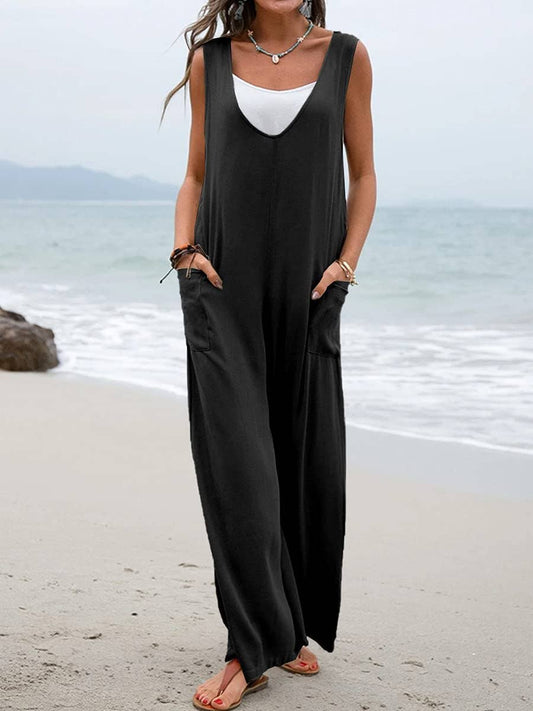 Sale - Black Ladies Two Shoulder Overalls Solid Daily Jumpsuit