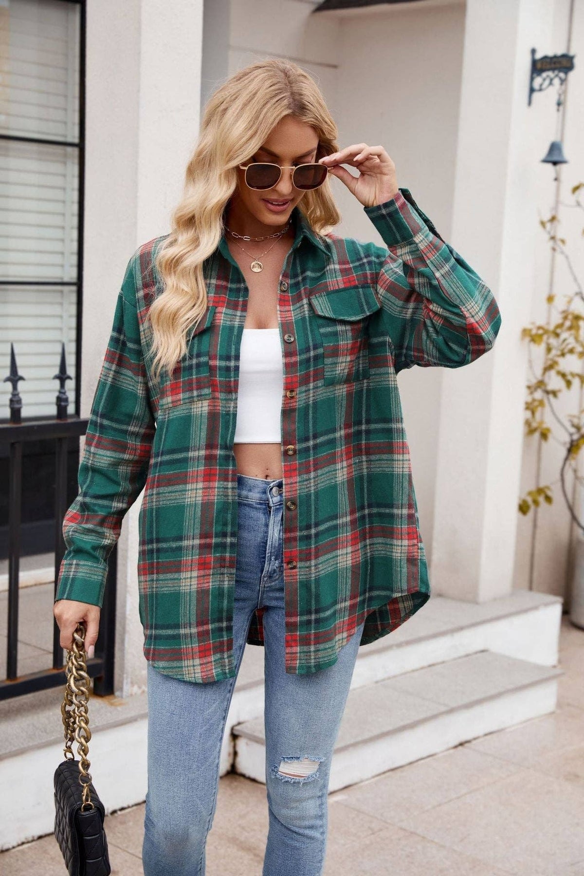 Green and Red Women’s Casual Plaid Flannel Shirt with Pockets