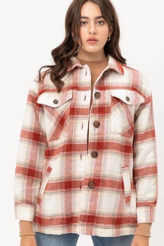 Terra Cotta Fleece Lined Plaid Flannel Jacket