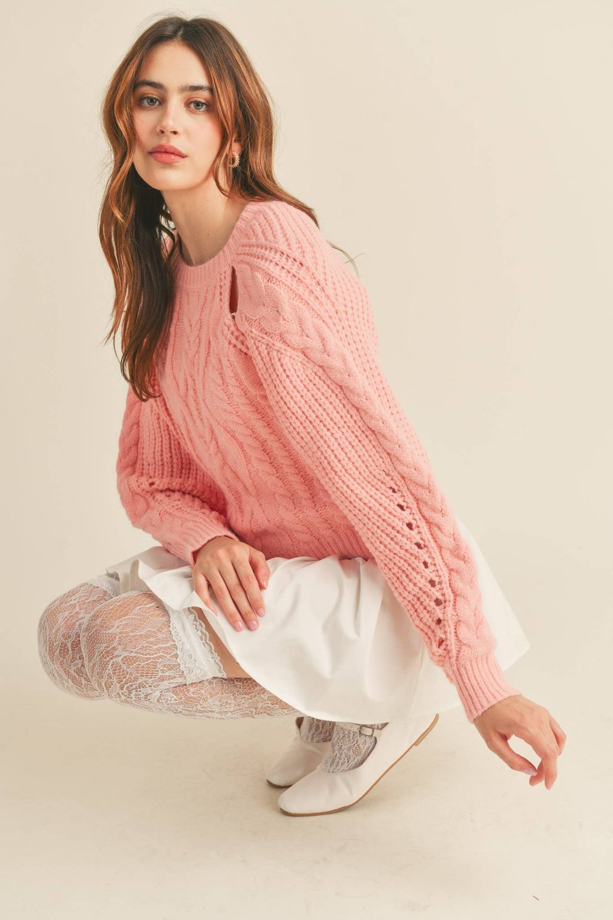 Pastel Pink Cut Out Cable Knit Sweater