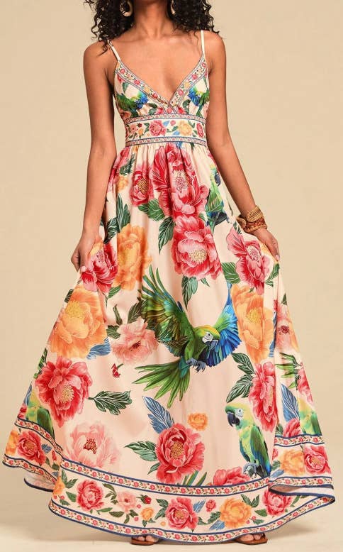 Verona Macaw & Peony Floral Print Resort Strappy Sundress