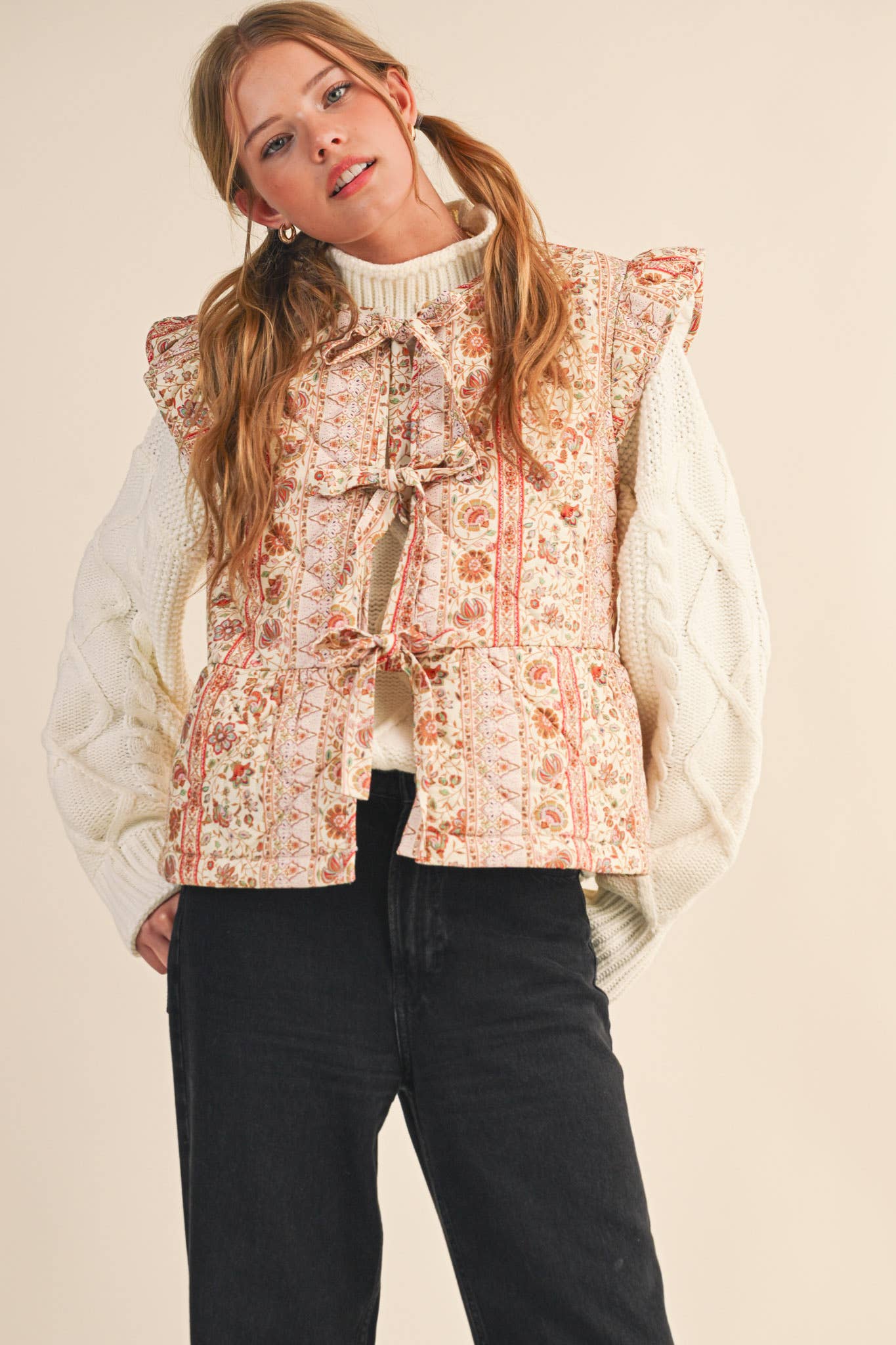Quilted Floral Vest with Flutter Sleeves