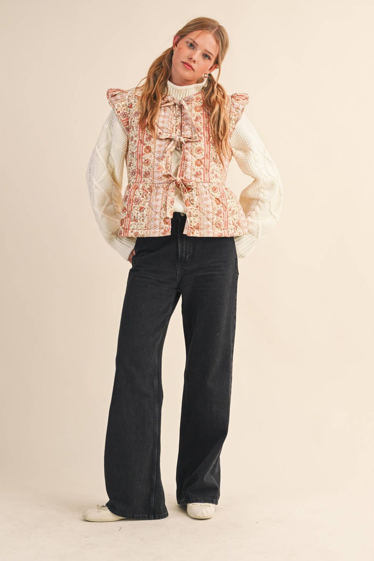 Quilted Floral Vest with Flutter Sleeves
