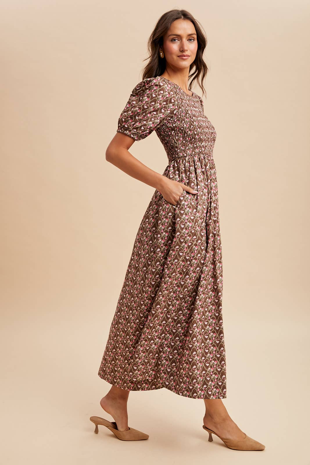 Sale - Mocha Smocked Cotton Floral Maxi Dress