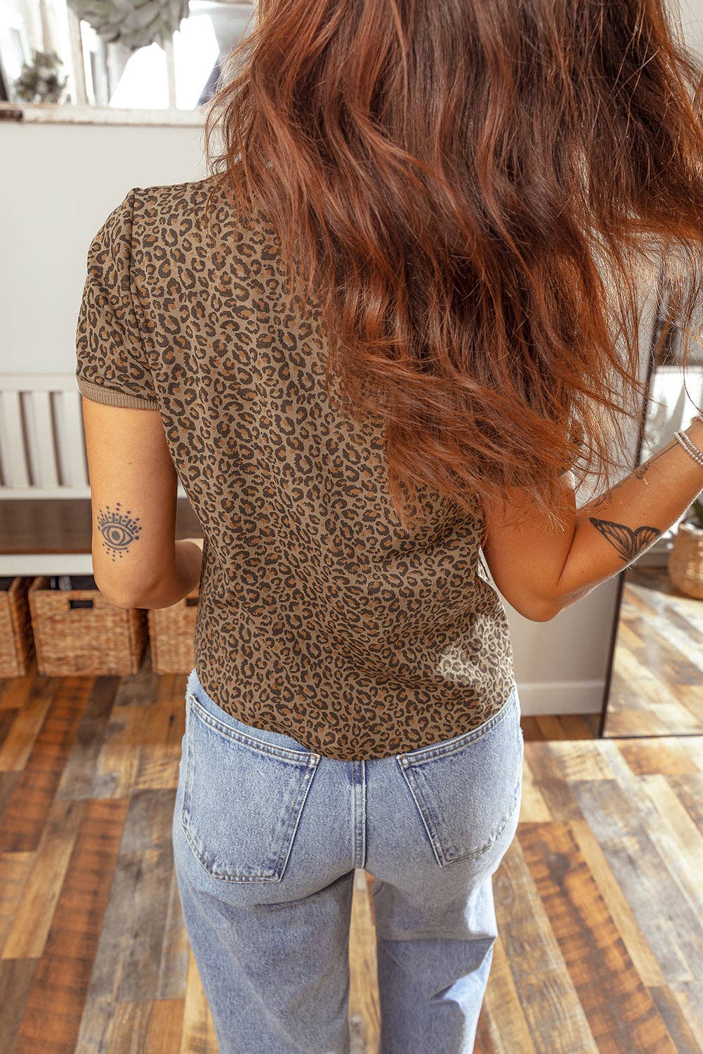 Western Leopard Print Crew Neck Casual Tee