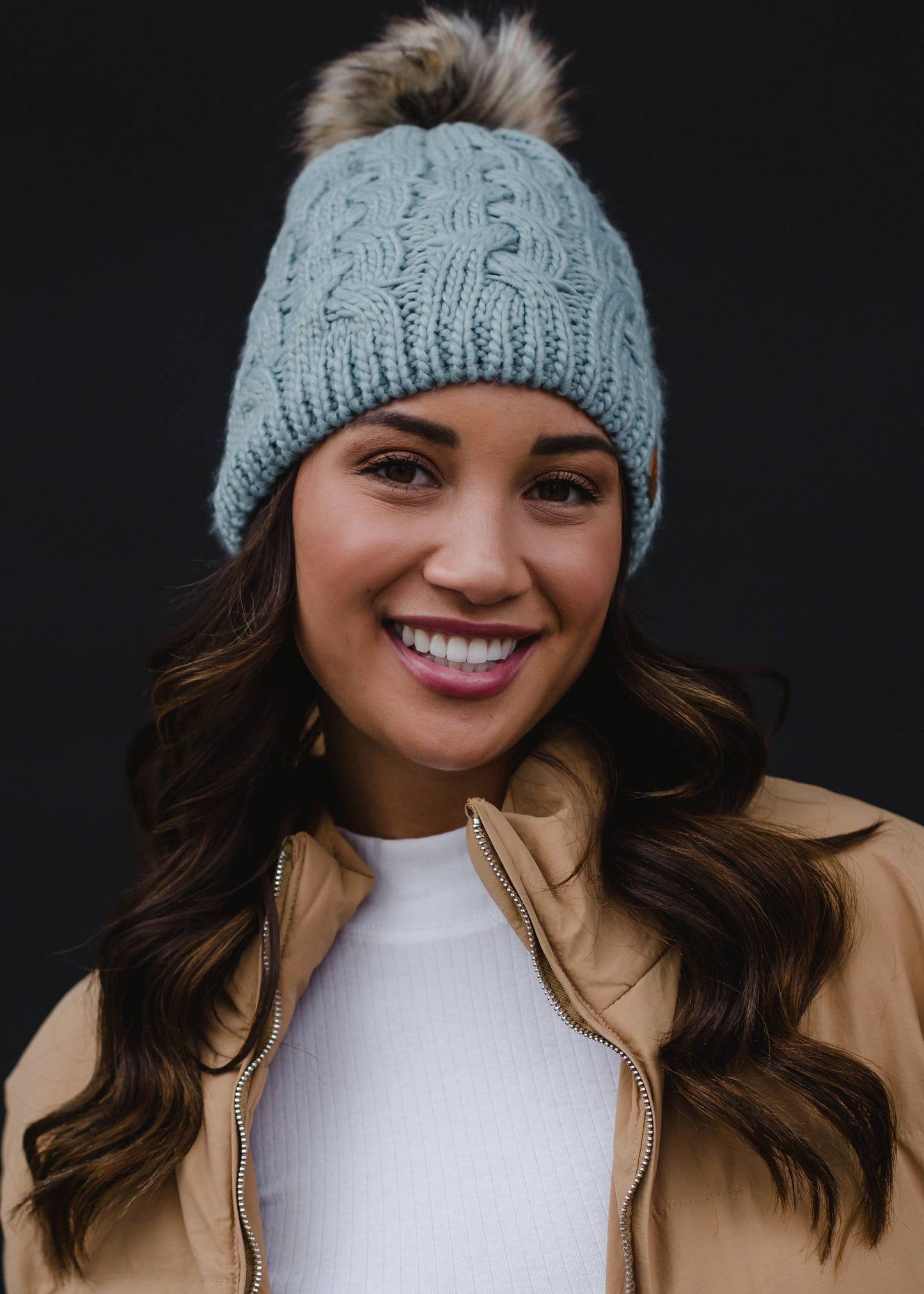 Dusty Blue Braided Knit Pom Hat