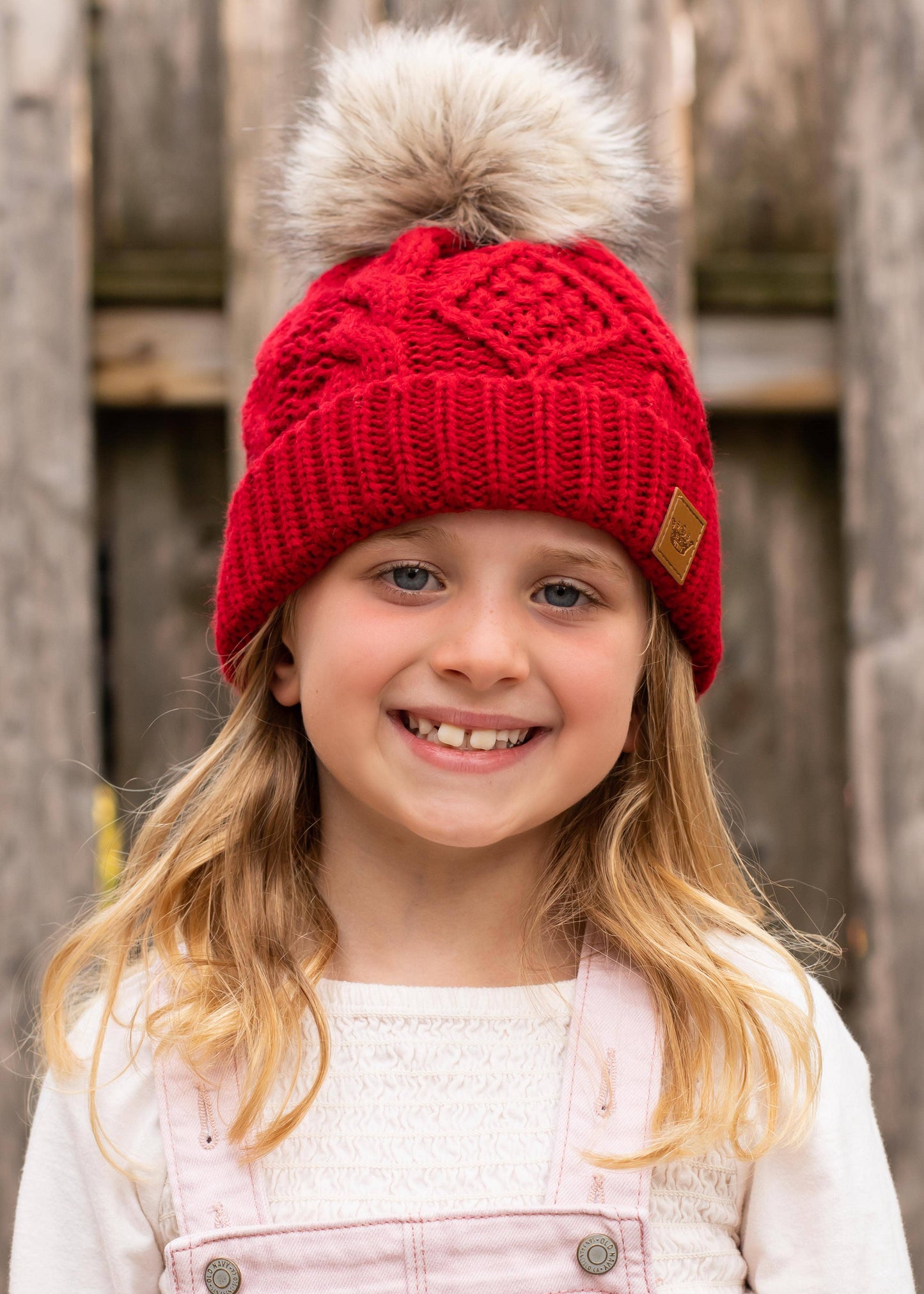 KIDS Red Cable Knit Pom Hat