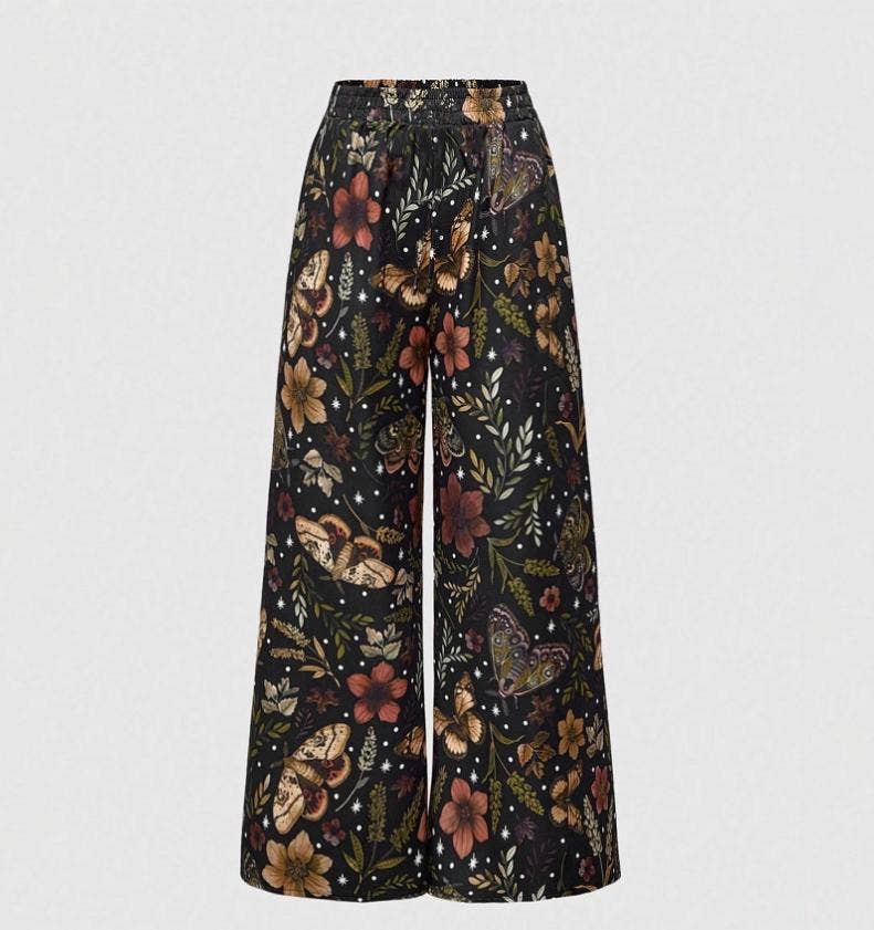 Vacation Vintage Moth Plant Floral Print Wide Leg Pants