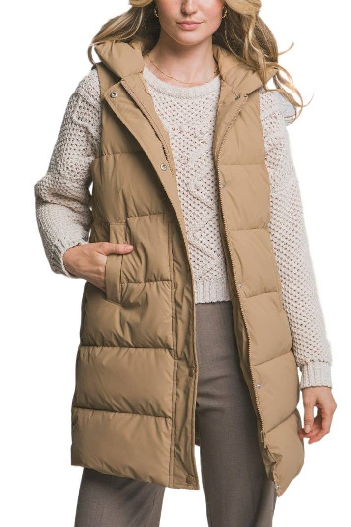 Sage Green Hooded Long Quilted Puffer Vest