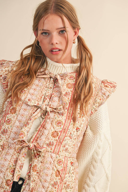 Quilted Floral Vest with Flutter Sleeves
