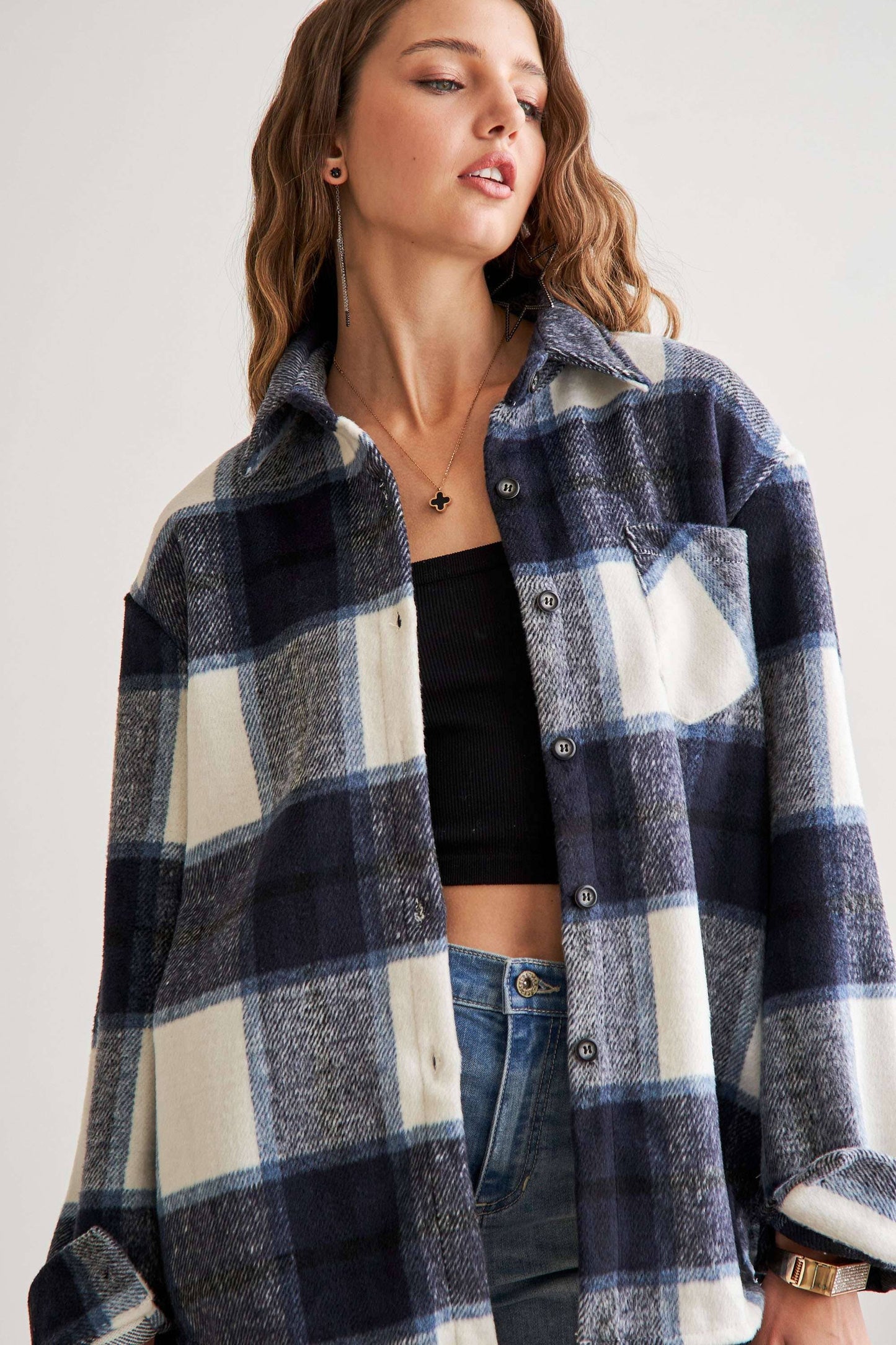 Navy Plaid Flannel Shacket