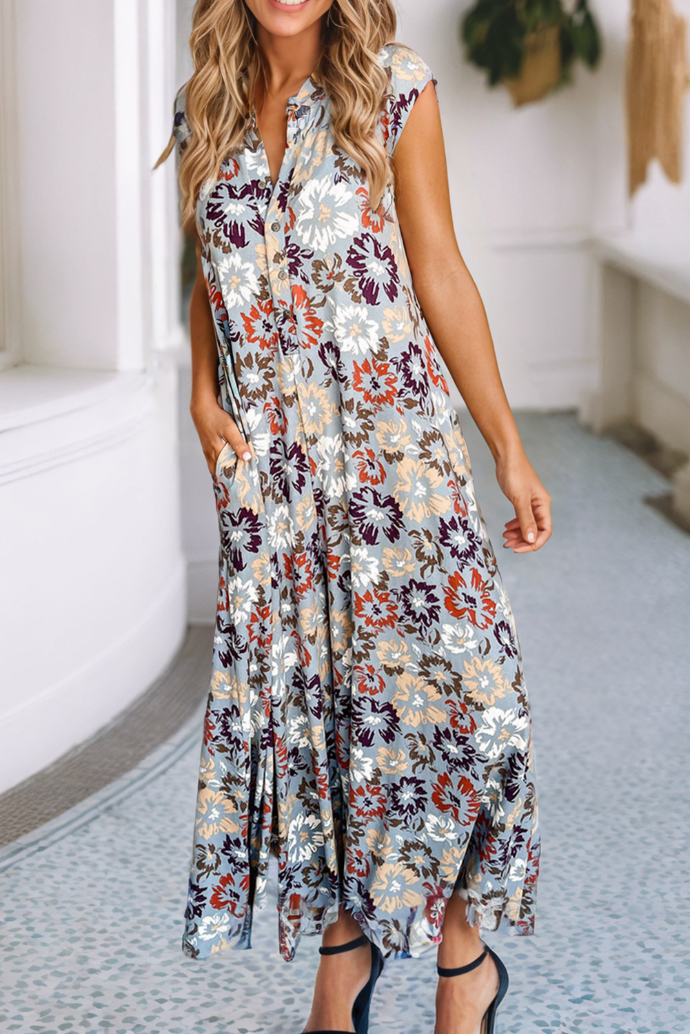 Sale - Fall Floral Sleeveless Buttoned Pocketed Wide Leg Jumpsuit