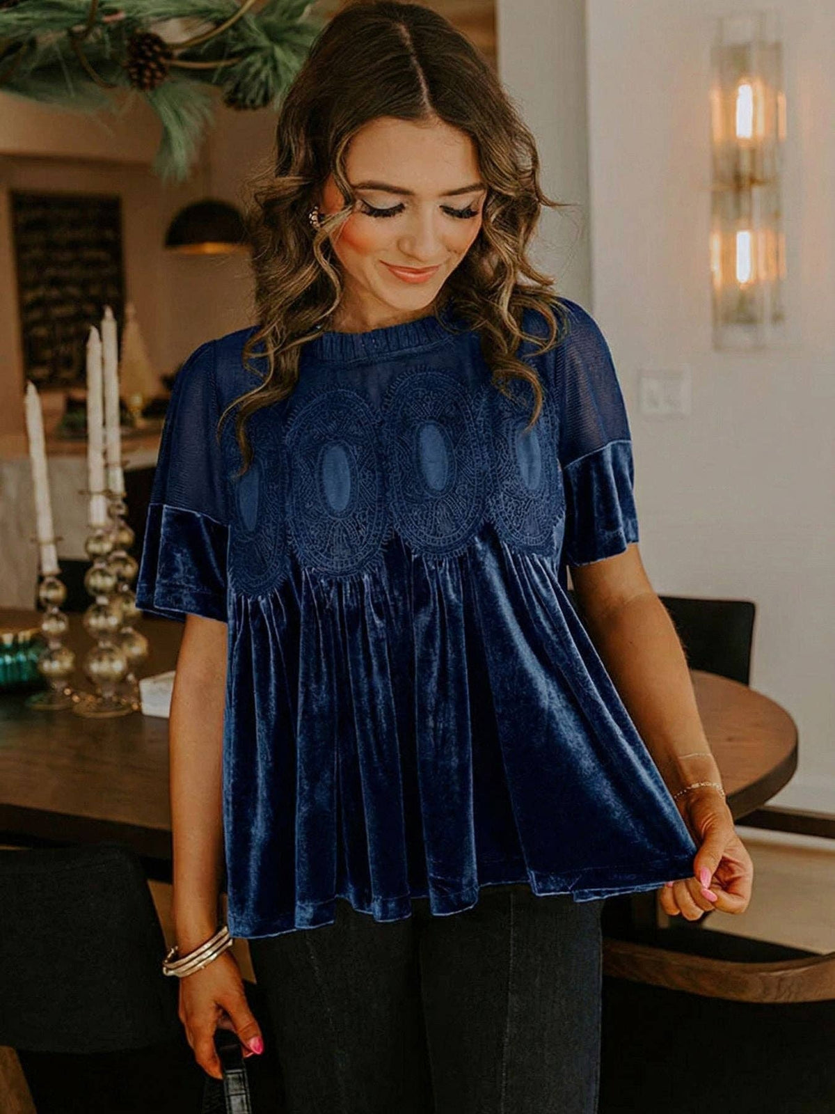 Navy Velvet Top with Lace & Embroidered Trim Gold Velvet Puff Sleeve Blouse