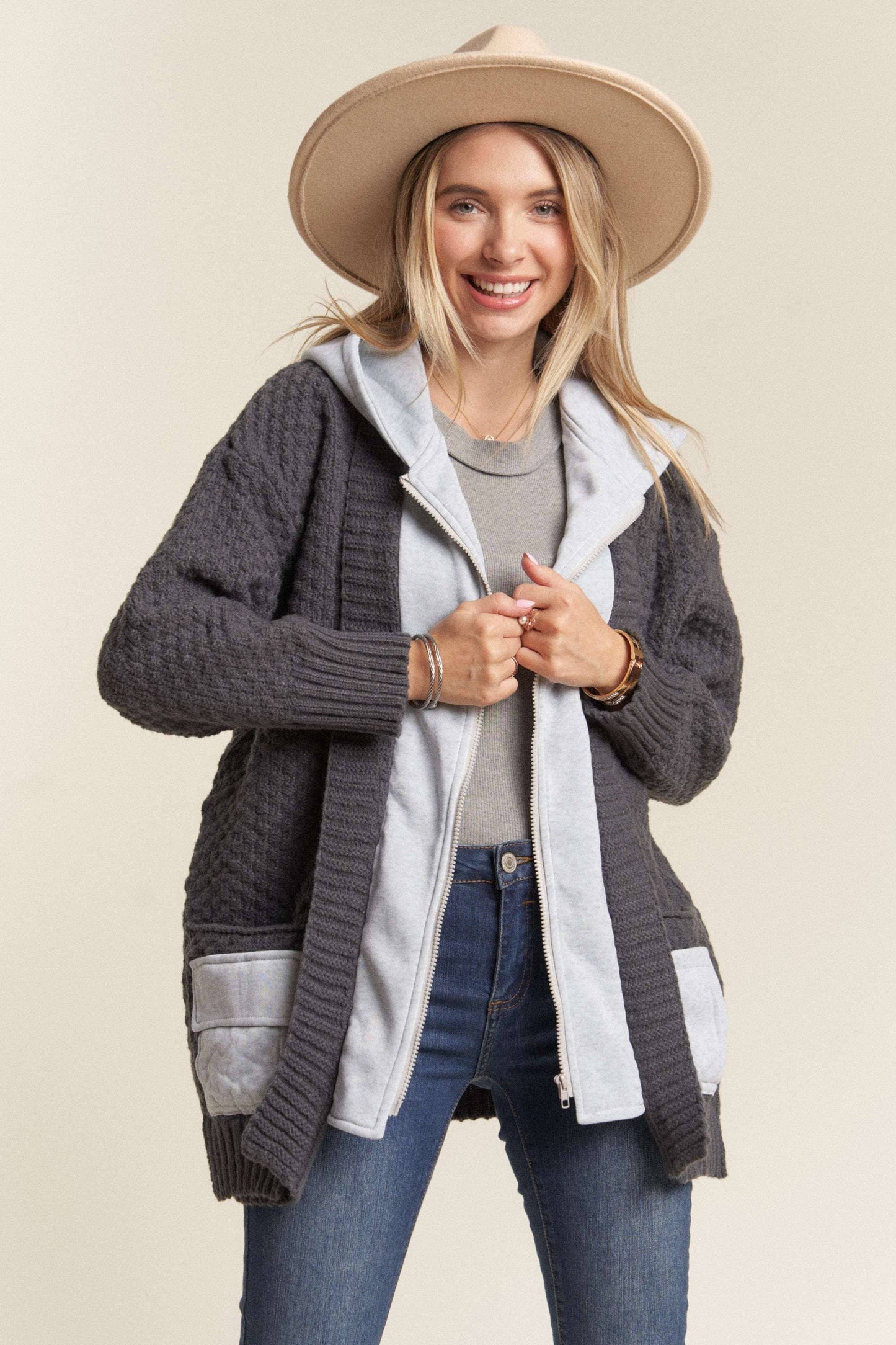 Charcoal Knit Zip Up Hoodie Jacket