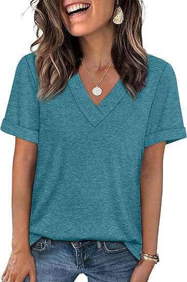 Teal Solid Cotton Blend V-Neck Short Sleeve Women's Tee