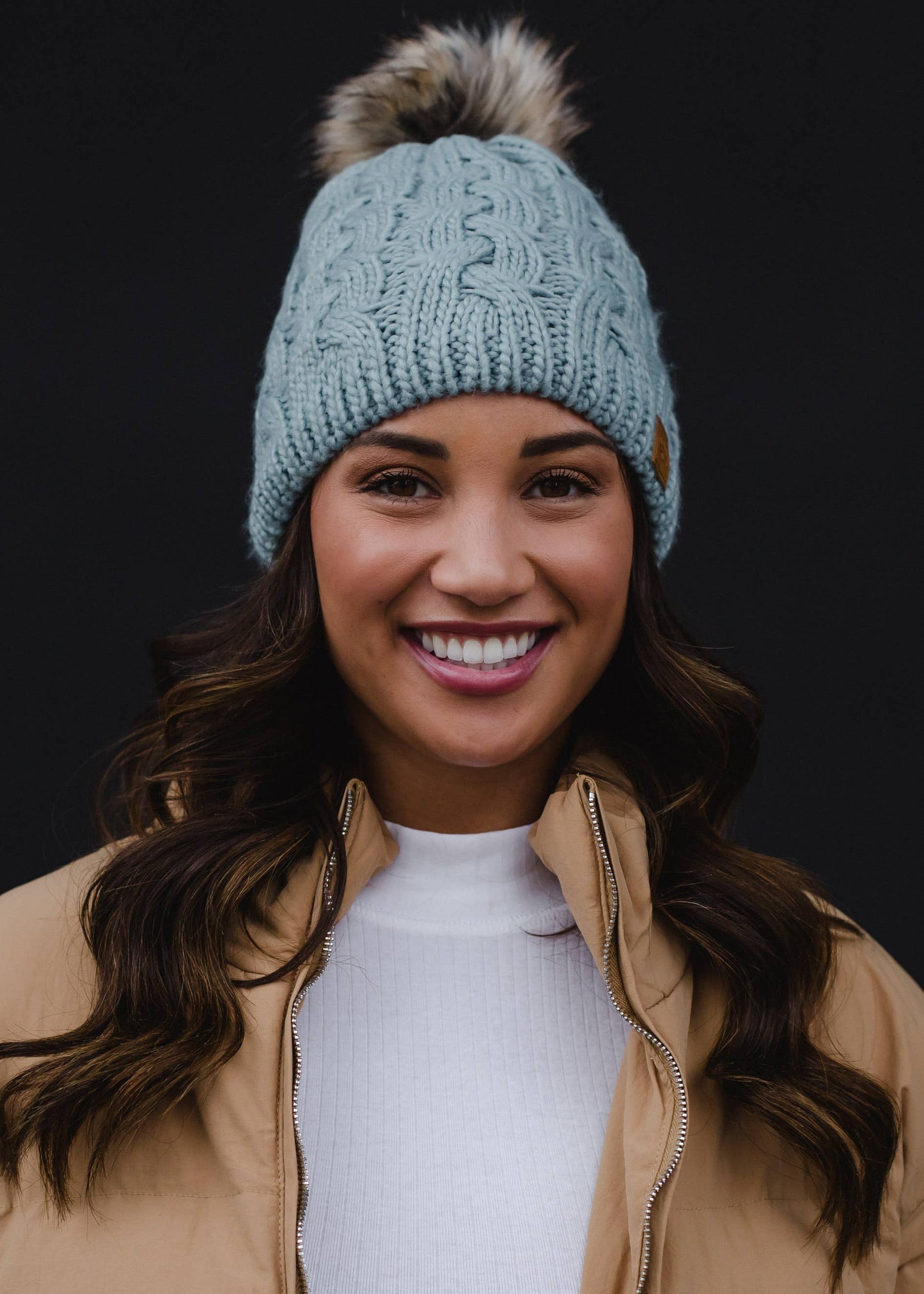 Dusty Blue Braided Knit Pom Hat