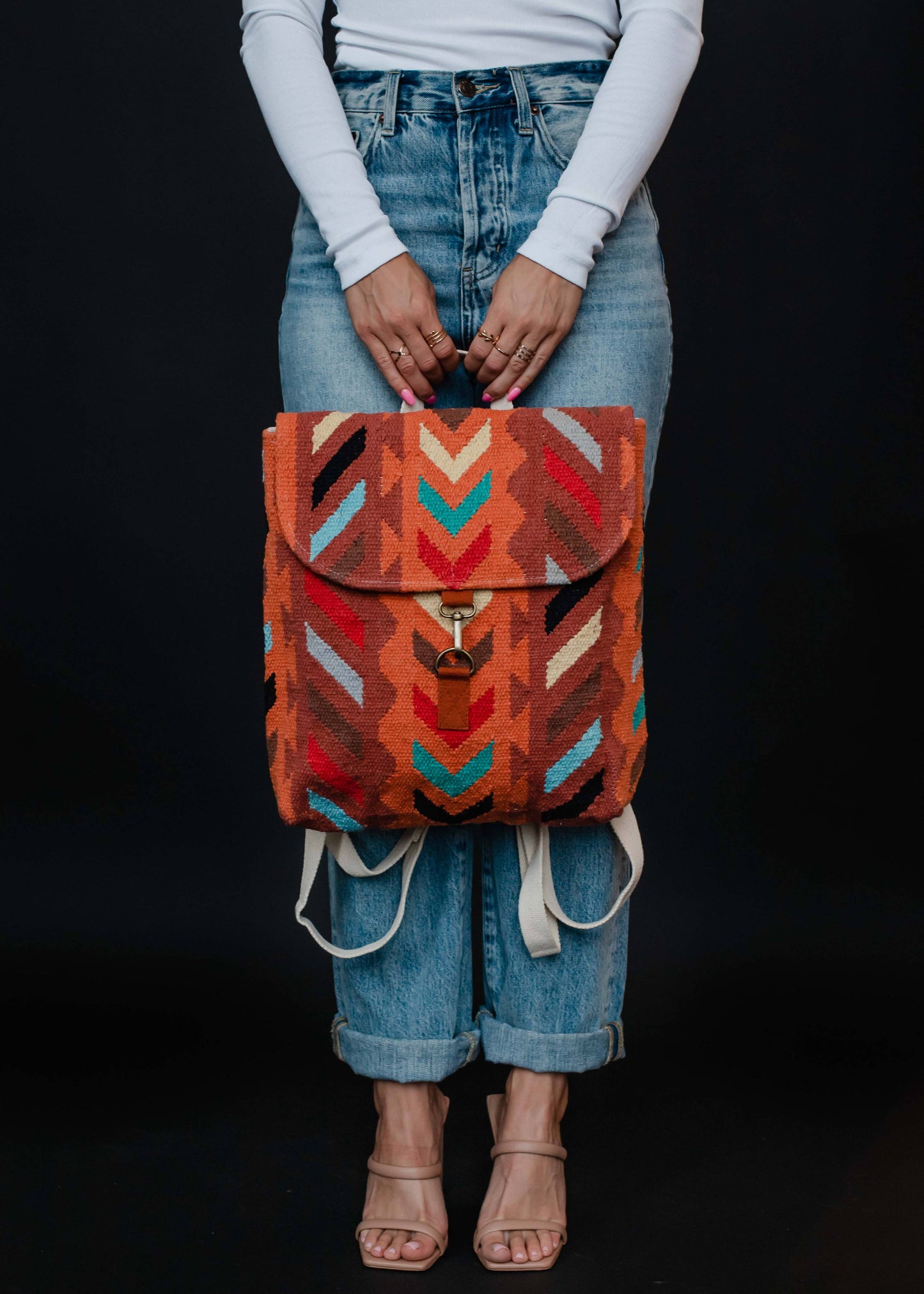 Orange & Multicolored Aztec Backpack