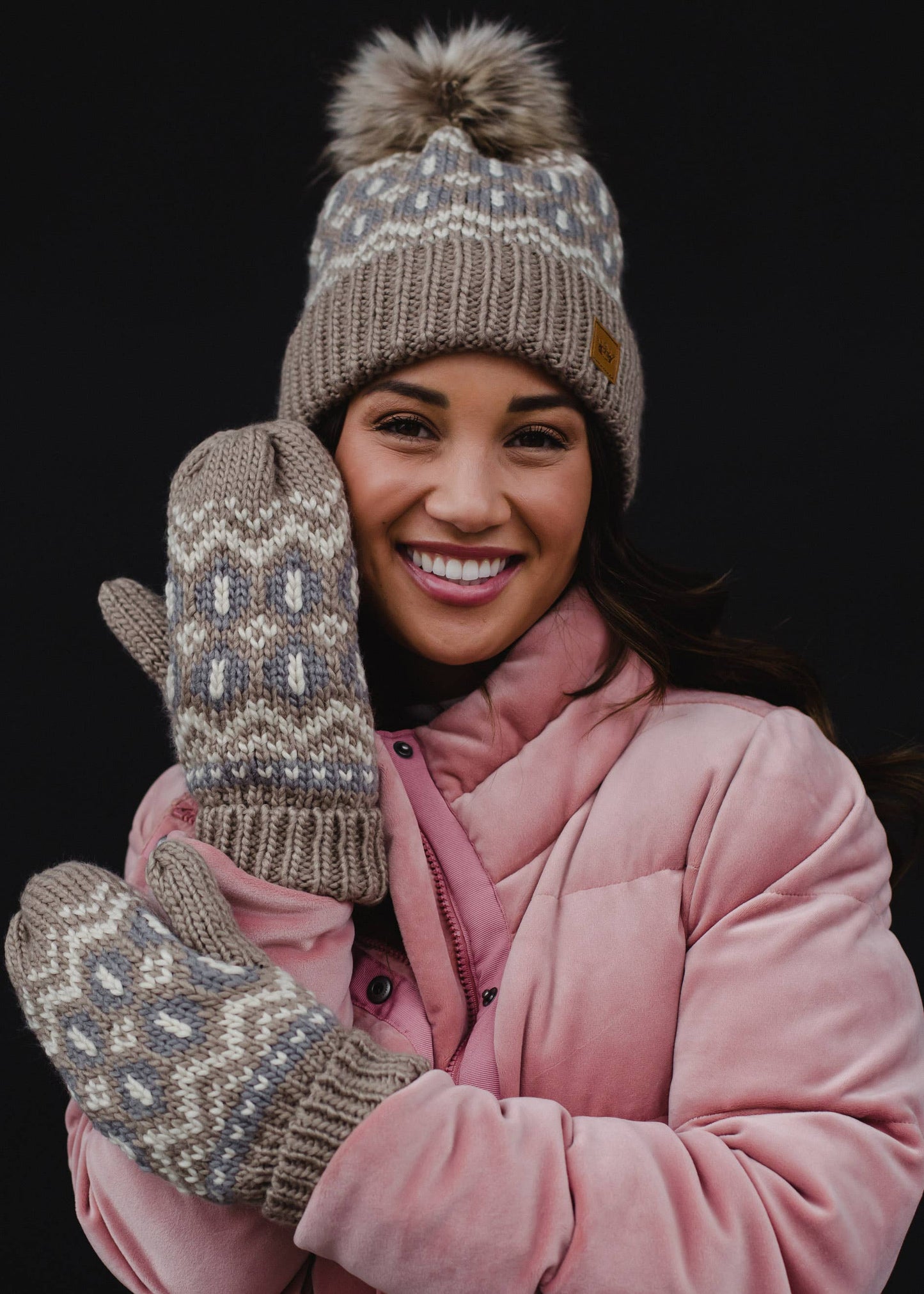 Taupe, Beige & Gray Patterned Pom Hat