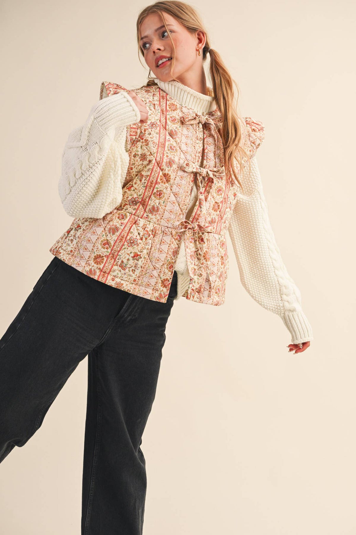 Quilted Floral Vest with Flutter Sleeves