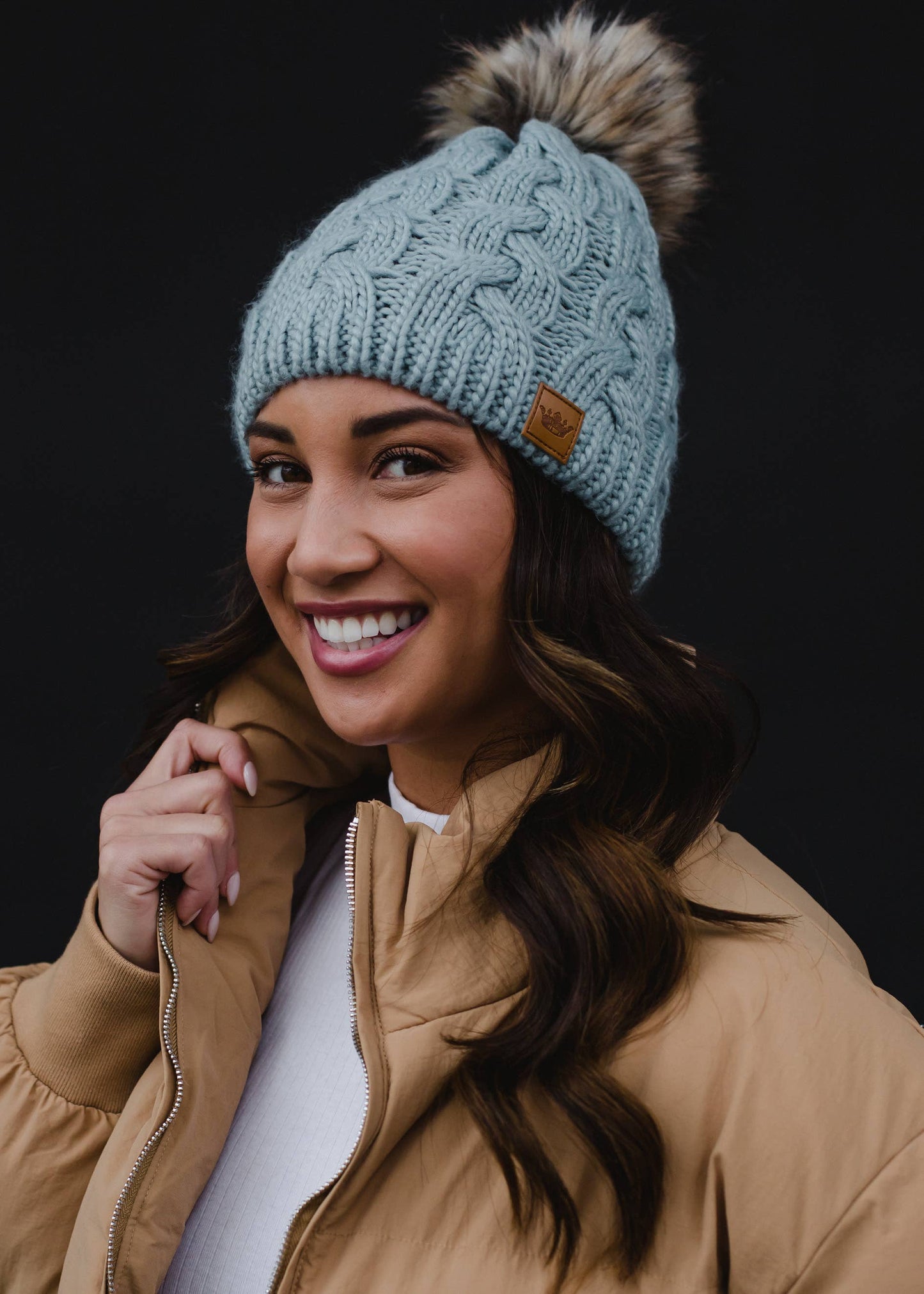 Dusty Blue Braided Knit Pom Hat