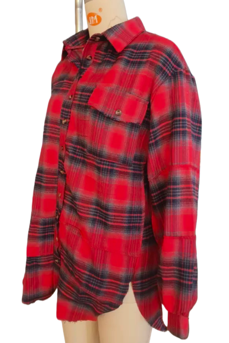 Red Plaid Oversized Long Sleeve Button Up Shirt