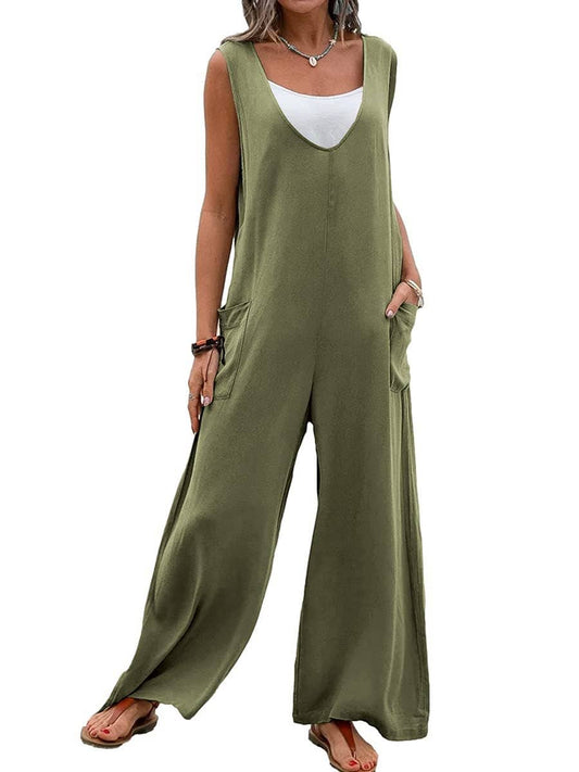 Sale - Olive Ladies Two Shoulder Overalls Solid Daily Jumpsuit