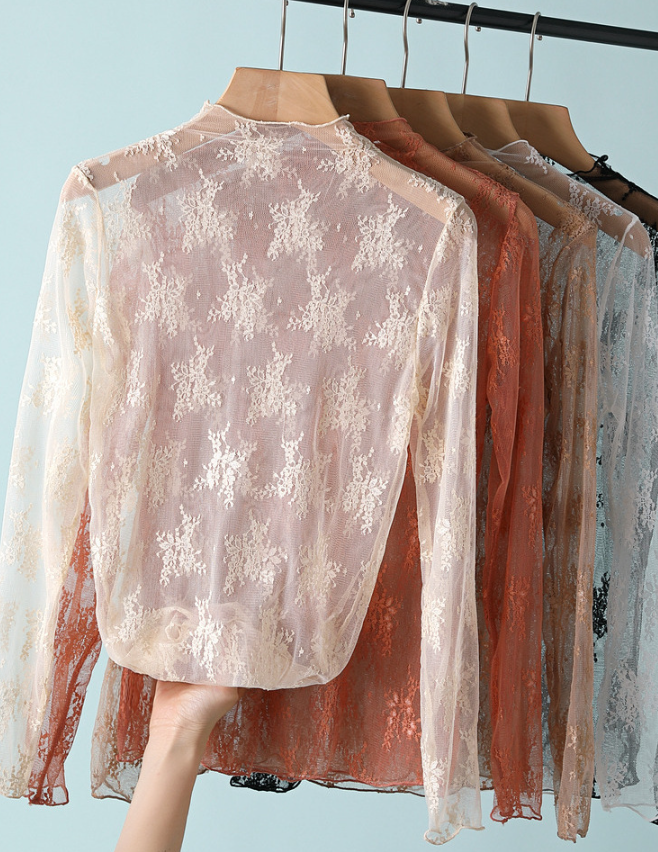 Beige Semi Sheer Mesh Floral Lace Layering Top