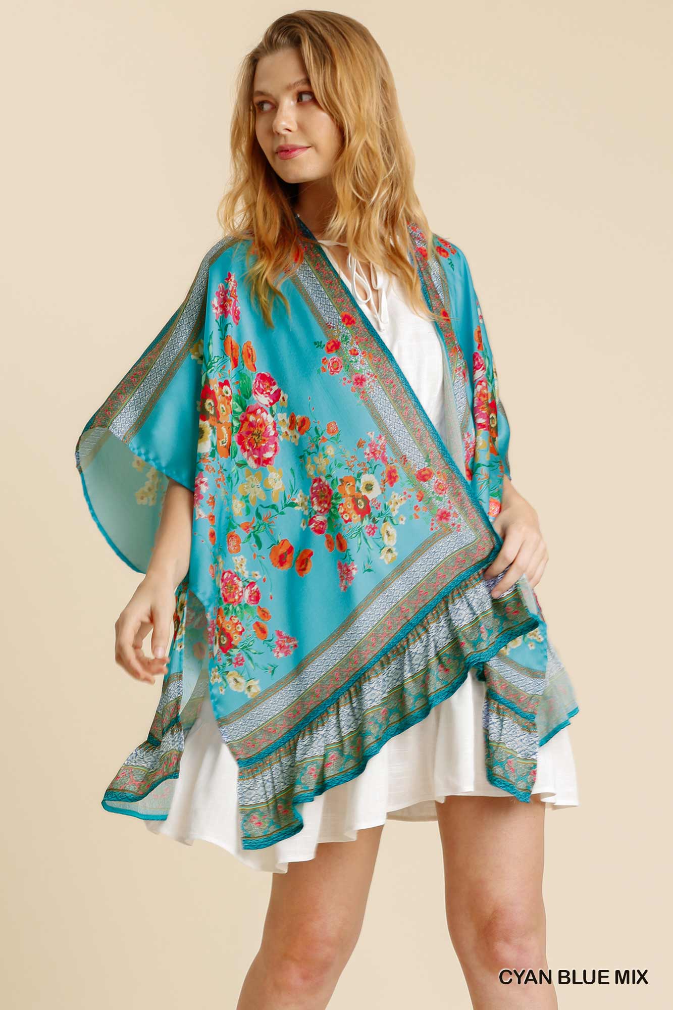 Cyan Mix Floral Open Front Kimono