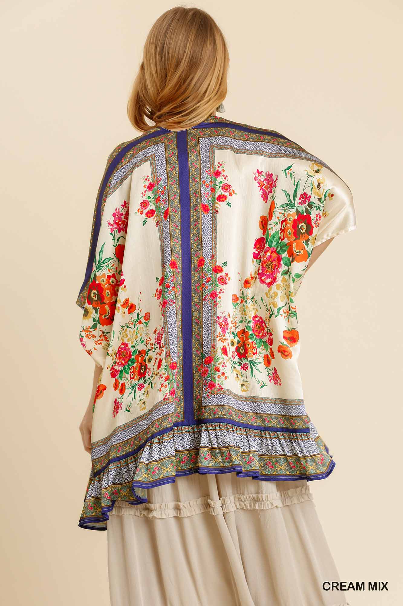 Cream Mix Floral Open Front Kimono